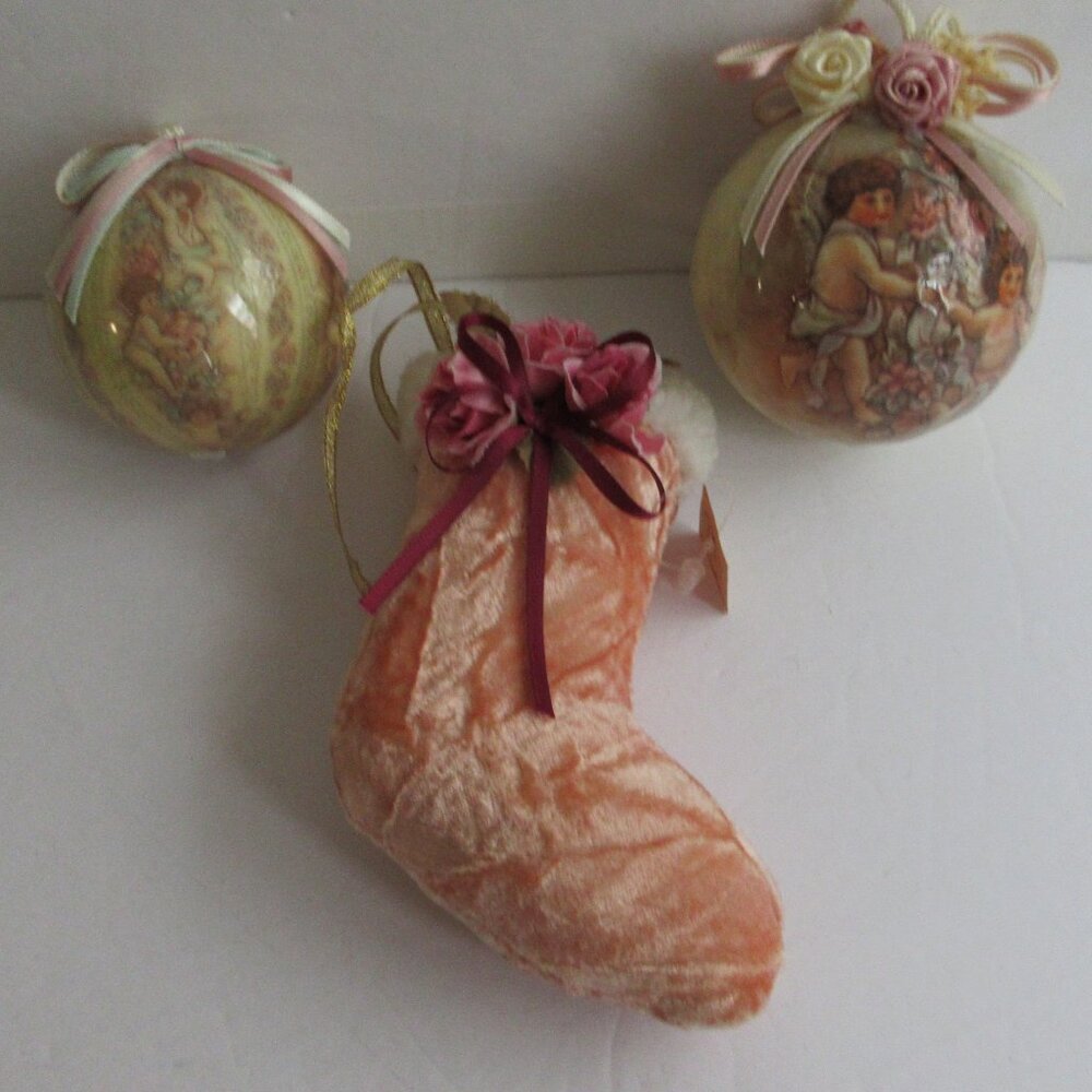 Victorian Christmas Midwest Decoupage Balls and Plush Velvet Stocking Ornament